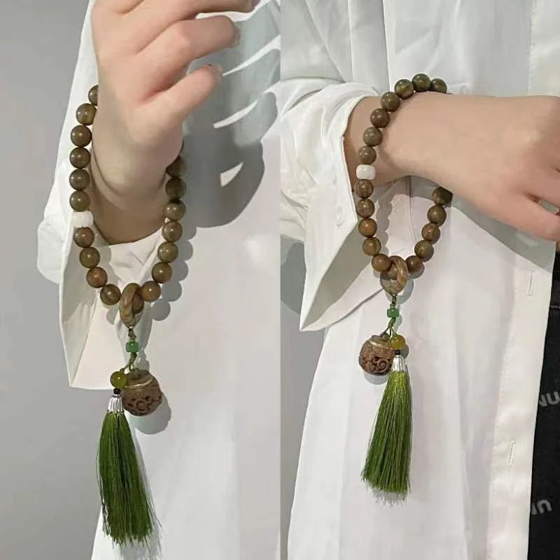Green Sandalwood 1.2mm Handheld with Diffuser Buddha Bead Ring Tassel Bracelet Pendant